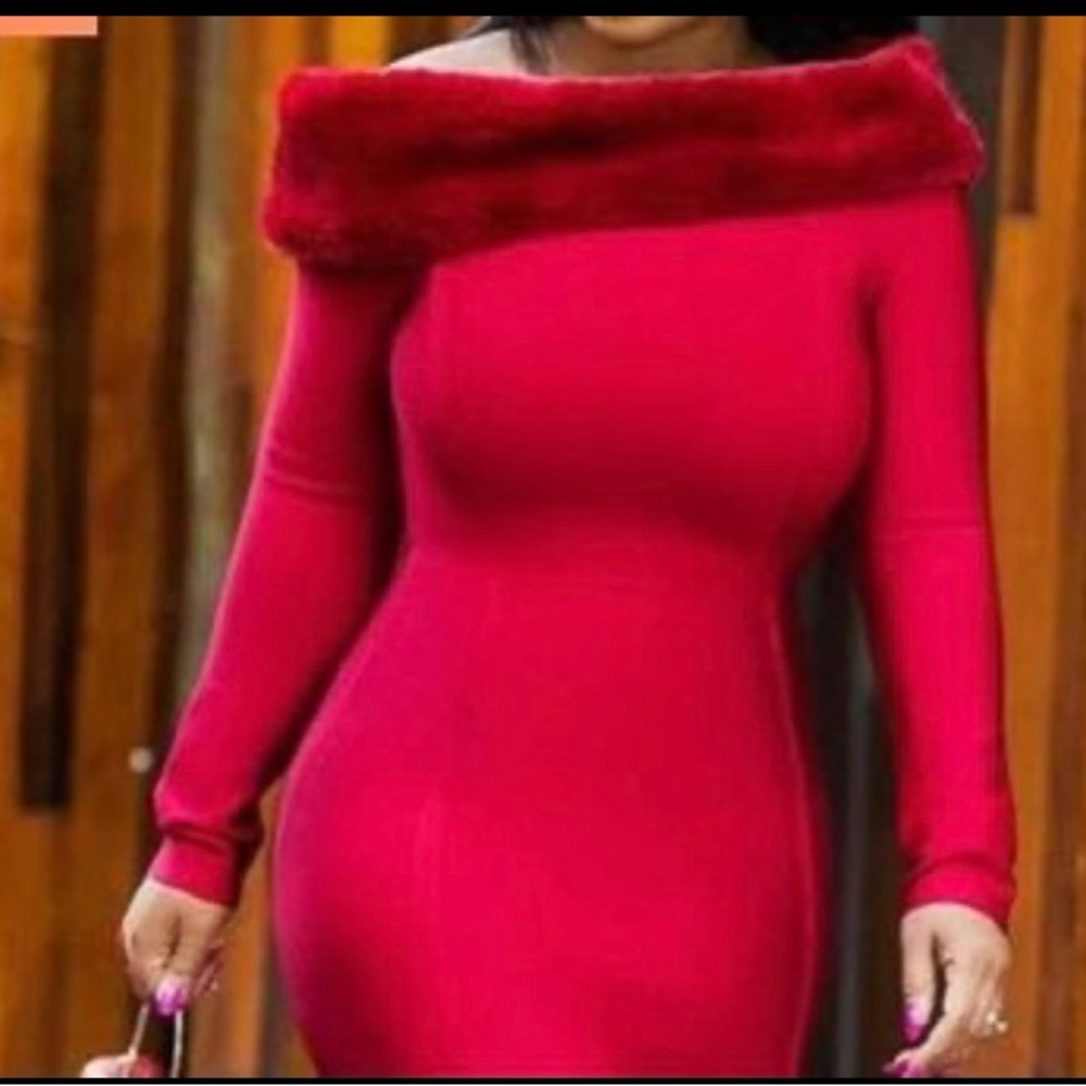 Bright red, fur lined neckline, long sleeved, fitted dress in plus sized large.